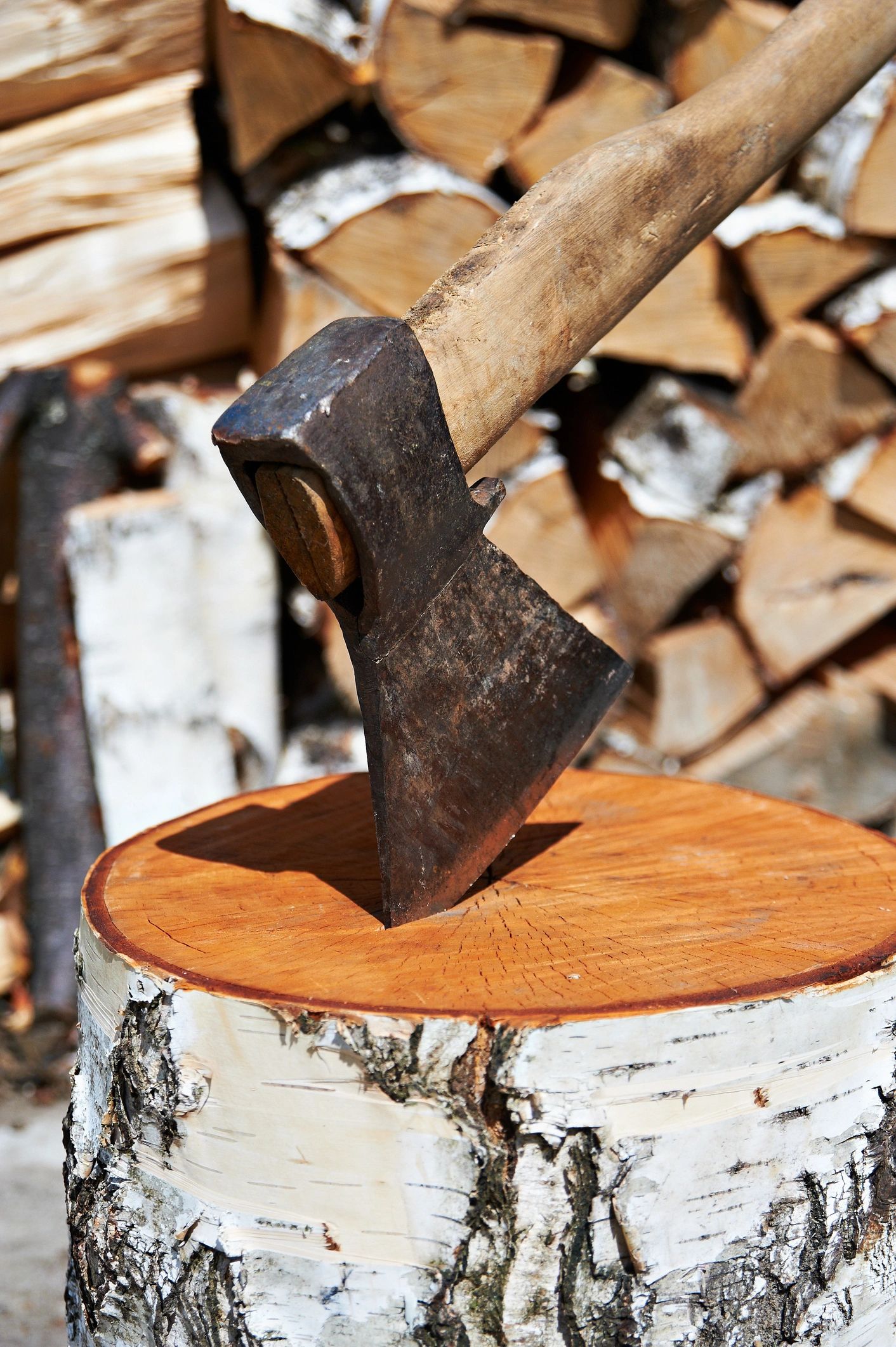 Wood axe and wood pile outdoor