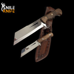 NILE KNIFE 2-Piece Bowie Knife with Sheath, Fixed Blade Hunting Knife with Leather Walnut Handle for Outdoor, Camping, Survival, Hiking